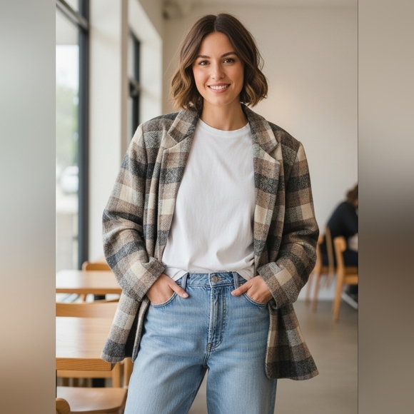 Private Concepts Jackets & Blazers - PRIVATE CONCEPTS WOMAN Plaid Neutral Blazer with Button Closure Wool Blend XL